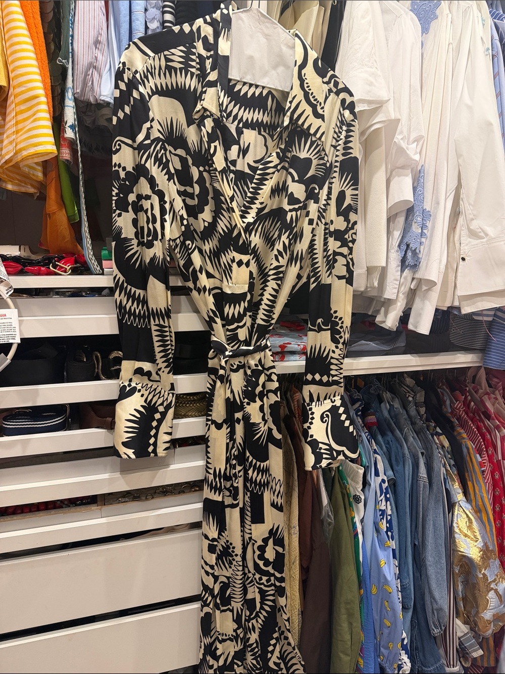 Reiss Black & Cream Patterned Long Wrap Dress - Italian